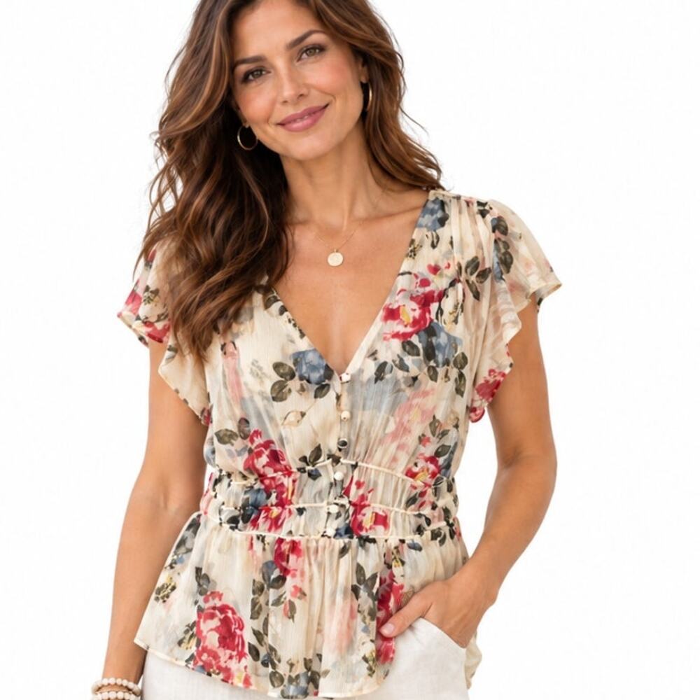 WHBM Floral Top Womens Medium Flutter Sleeves V-Neck Cinched Waist Peplum